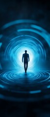 Silhouette of a person walking towards a bright, glowing tunnel symbolizing the concept of future, technology, and digital transformation.