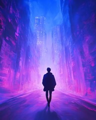 Silhouette of a person walking through a vibrant, neon-lit cityscape at night, surrounded by tall buildings and glowing lights.