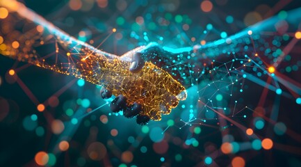 Abstract digital handshakes with glowing connections and holographic elements on a dark background, symbolizing technology, business, or network interaction in cyberspace