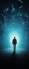 Silhouette of man walking into a bright tunnel with abstract light patterns. Futuristic and mysterious concept in blue tones.