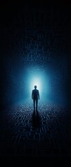 Silhouette of person standing in dark tunnel illuminated by a bright blue light, symbolizing hope, mystery, and exploration.