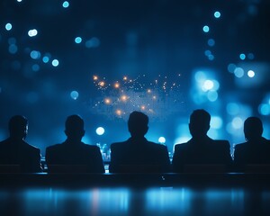 Silhouetted business professionals in a dimly lit room with glowing blue lights in the background, emphasizing teamwork and corporate synergy.