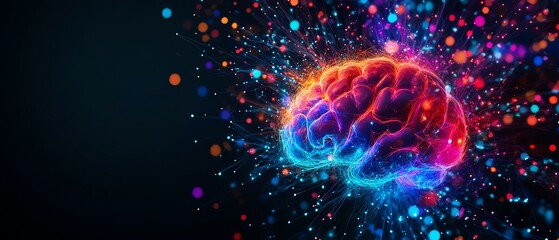 Vibrant illustration of a human brain with colorful neural pathways, symbolizing creativity and intelligence on a dark background.