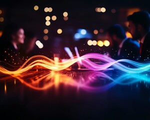 Vibrant nightlife atmosphere with abstract colorful light trails and people enjoying socializing in a modern bar setting.