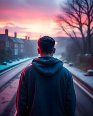 man walking on the street at sunset