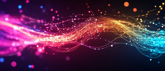 Vibrant, glowing light trails in a digital abstract background with multi-colored particles creating a dynamic and futuristic visual explosion.