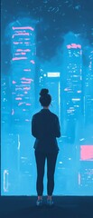 Woman in business attire gazing at a futuristic neon-lit cityscape from a high vantage point, representing ambition and future possibilities.