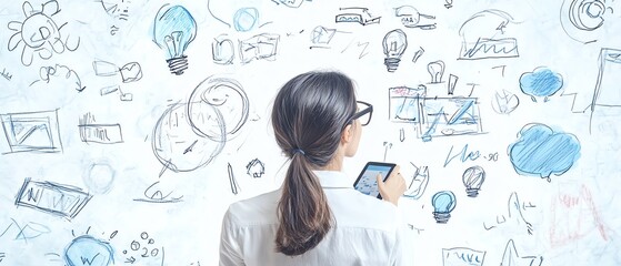 Woman with tablet brainstorming on whiteboard filled with sketches, strategy concepts and ideas, representing innovation and planning.