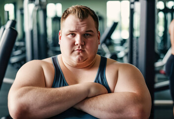 Fototapeta premium An overweight man at the gym takes a break from working out