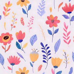 seamless pattern with drawing watercolor flowers on white background