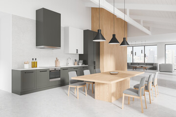 Stylish home interior with dining and relaxing zone, panoramic window