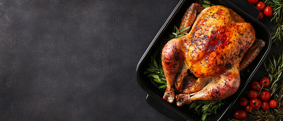 A roasted chicken garnished with herbs and tomatoes, perfect for festive meals or family gatherings.