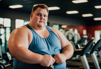 Fototapeta premium An overweight man at the gym takes a break from working out