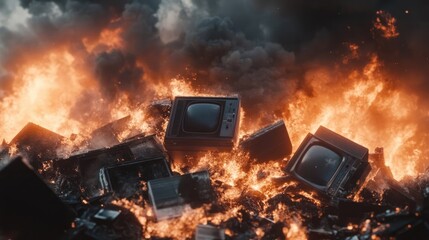 Pile of Old Computers and E-Waste on Fire, Smoke Rising into the Sky