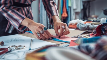 Fototapeta premium Fashion Designer at Work: Inspiration and Creativity. A fashion designer meticulously working on her designs, surrounded by fabrics and accessories, highlighting the creative process behind fashion.
