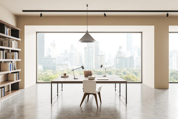 Modern office interior with cityscape view from large windows. 3D Rendering