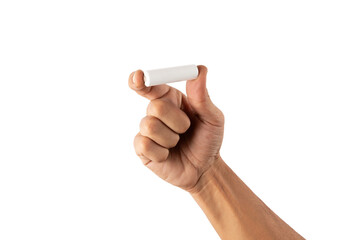 Male hand holding a white battery cell mockup no background cutout