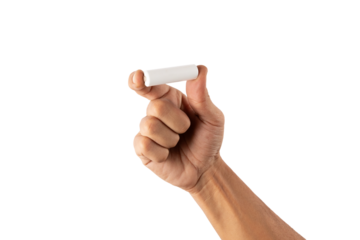 Male hand holding a white battery cell mockup no background cutout