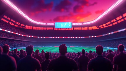 A vibrant stadium scene with spectators watching a match under a colorful sunset sky, showcasing unity and excitement in sports.