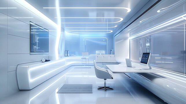 Minimalist futuristic office interior design with clean lines white surfaces and integrated technology for modern workspace innovation productivity and smart environment concept.