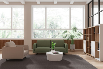 Fototapeta premium Lounge zone interior with sofa and coffee table, shelf and panoramic window
