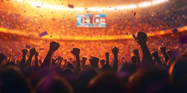 Excited crowd celebrating in a bright stadium, with raised fists and confetti falling, capturing the thrill of a live event.