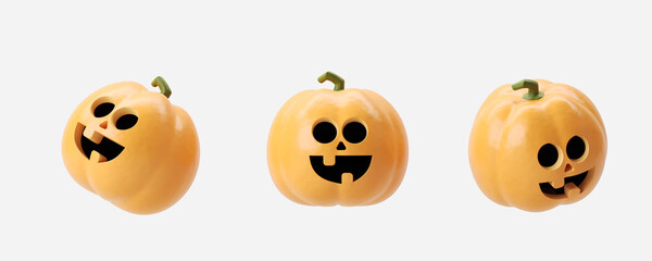 Three pumpkins with carved faces, isolated on a white background. Closeup of Halloween-themed pumpkins. Concept of Halloween decoration. 3D Rendering