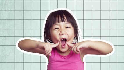Little girl making funny faces on designed background