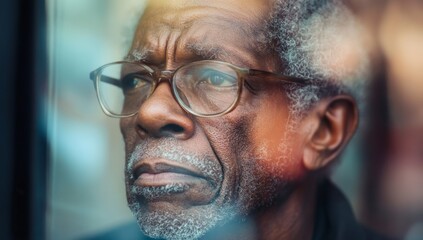 portrait of elderly sad black man at the window in a nursing home 