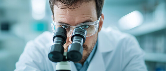 Focused scientist analyzing samples through a microscope in a modern laboratory setting