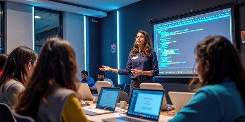 Indian Female Programming Teacher Explains Coding to Engaged Students in Tech Classroom