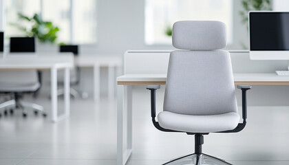 Modern office interior featuring a stylish, ergonomic chair surrounded by minimalistic furniture