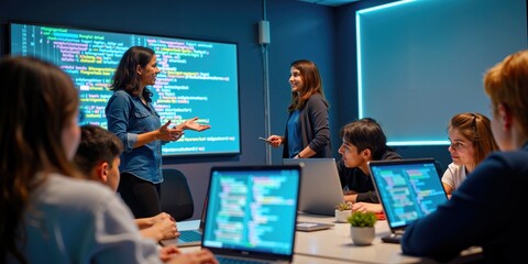 Indian Female Programming Teacher Explains Coding to Engaged Students in Tech Classroom