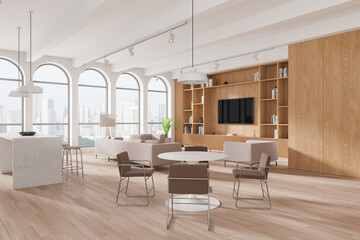 Cozy home studio interior with dining and relaxing zone, panoramic window