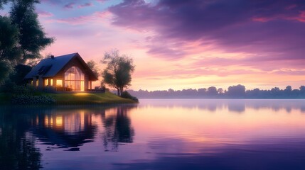 Fototapeta premium Scenic view of a house by a tranquil lake, illuminated by a pink and purple sunset sky, calm water mirroring the sky colors, a peaceful and reflective mood, warm light casting a gentle glow,