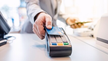  A customer uses a credit card to make a contactless payment at a retail store, highlighting the speed and convenience of modern transactions.
