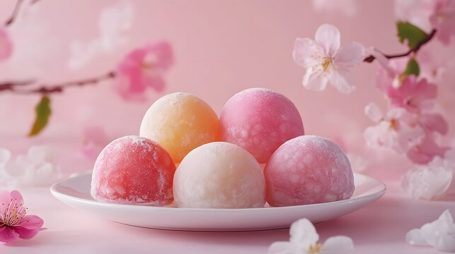 Hyper-realistic graphic of Japanese mochi ice cream, colorful and vibrant, with sharp textures and fresh look