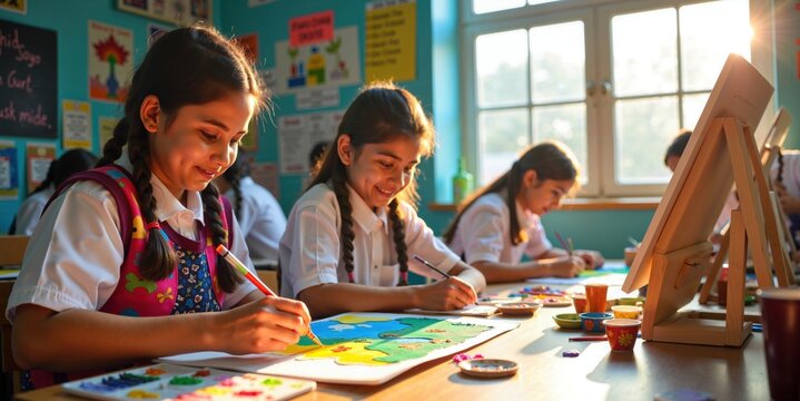 Happy Indian School Girl Engaged in Art Lesson, Painting with Bright Colors