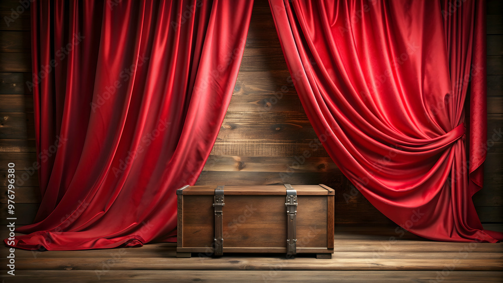 Wall mural Luxurious red silk curtain draped over a mysterious wooden box, mystery, anticipation, unveiling, red, luxury, elegance