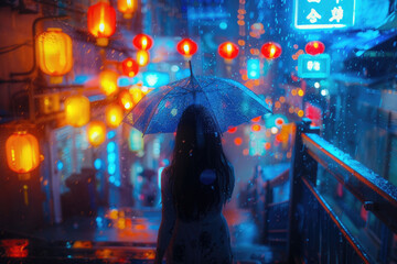 The ancient town on a rainy day, with red lanterns and stone bridges