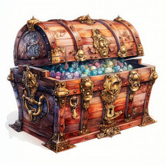Watercolor Treasure Chest Illustration, Generative Ai