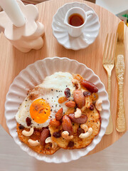 Healthy banana oatmeal pancakes with sunny side up egg recipe. Simple brunch menu. Morning time. Fresh meal. Delicious food. Scandinavian style. Homemade food. Cooking recipes. Dessert. Fruits. Seeds.