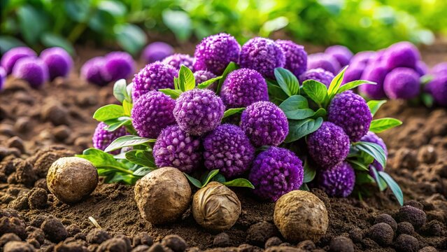 * Purple yautia lila bulbs await harvest, nestled in nutrient-rich soil, their earthy beauty partially hidden from