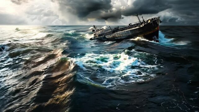 Abandoned shipwreck in stormy ocean under dark ominous clouds