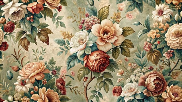 * Richly textured floral wallpaper in muted hues conveys vintage charm, summoning the sophistication of a bygone era.