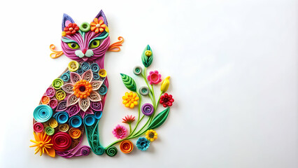 Paper quilling cat art with vibrant flowers on white background for design and decor, paper quilling, art, cat