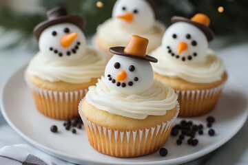 A plate of four cupcakes with snowmen faces and hats. The cupcakes are decorated with frosting and sprinkles, and they are arranged on a white plate. The image conveys a festive and playful mood