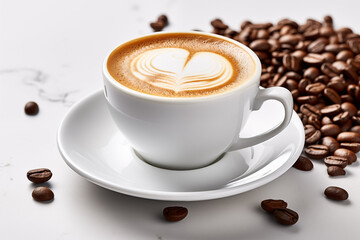 Fototapeta premium coffee bean and coffee cup in the white background. top view