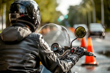 Fototapeta premium Biker riding motorcycle during safety course training on wet road