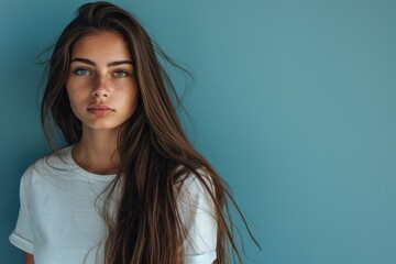 Beautiful teen girl with long brown hair on blue background. Copy space for text